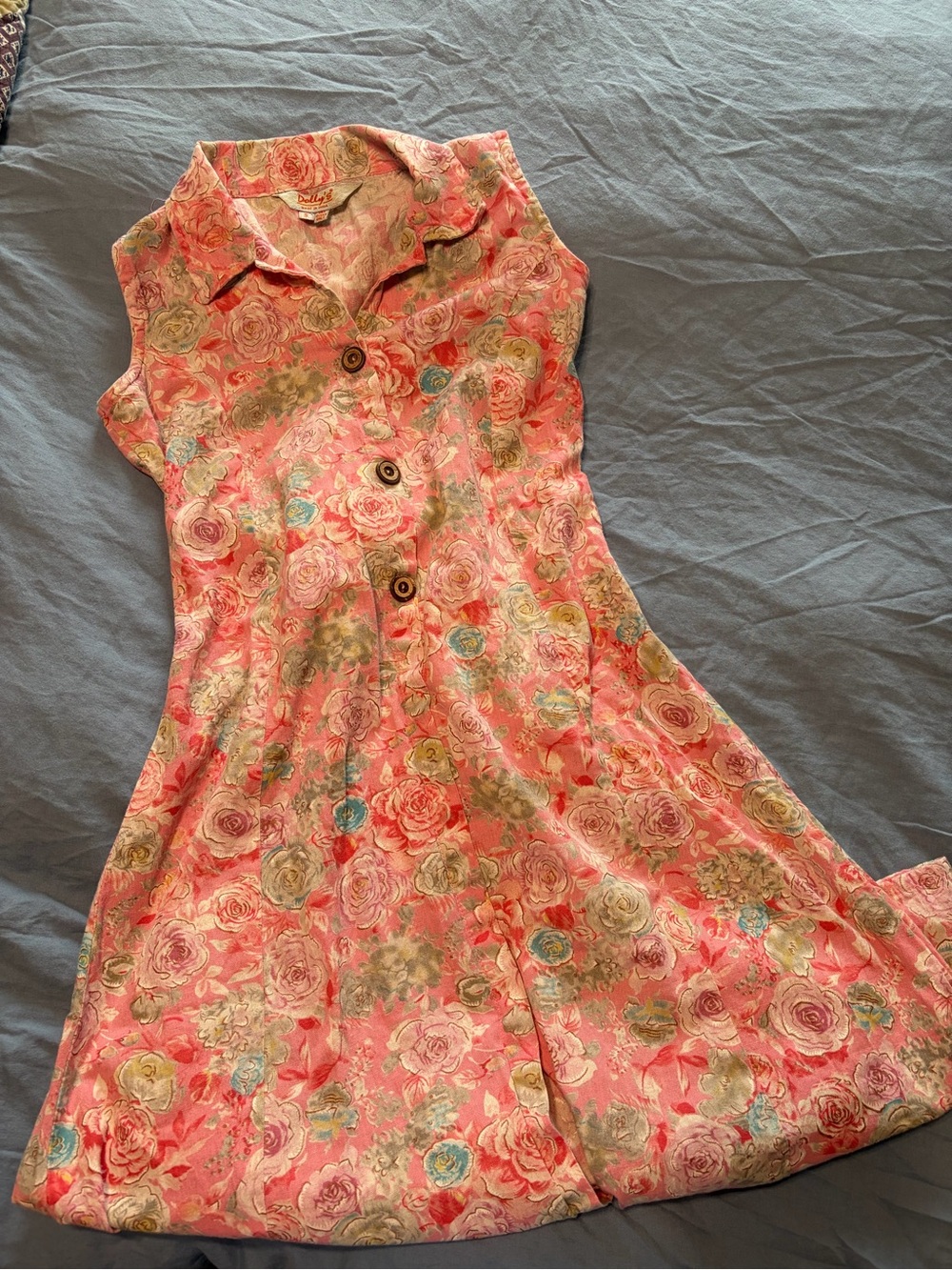 Vintage Dolly Coral-Pink Floral Button-Up Midi Dress